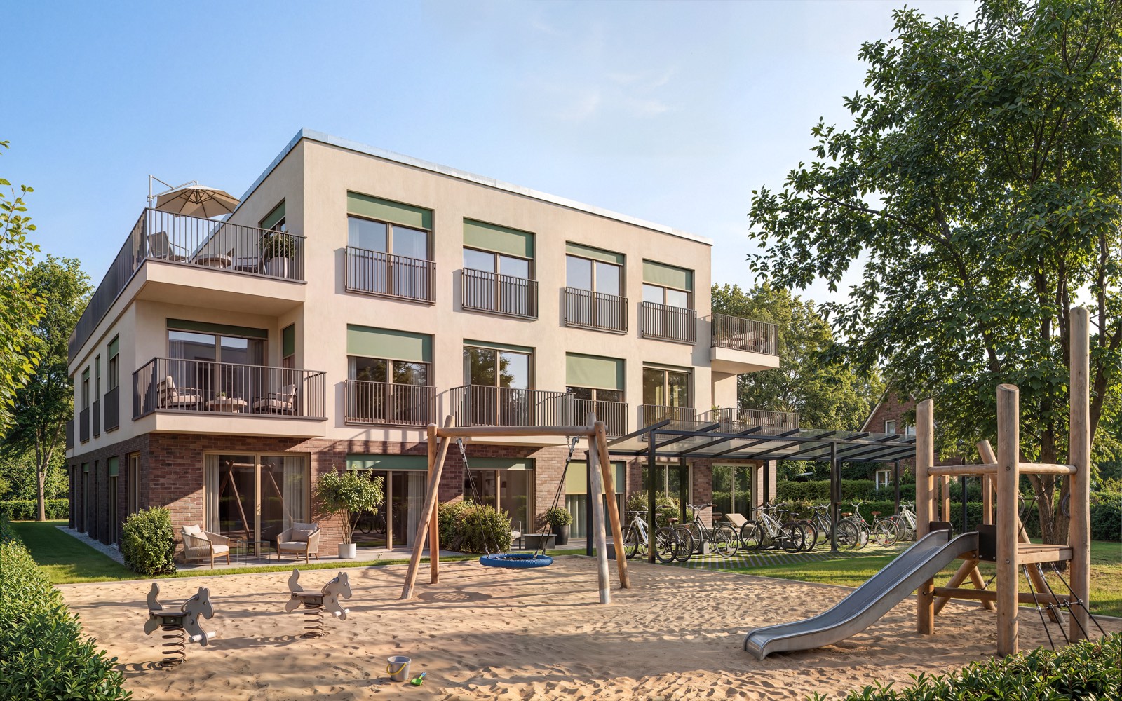 Gartenseite mit Spielplatz, Fahrradstellplätzen und Terrassen (Visualisierung)